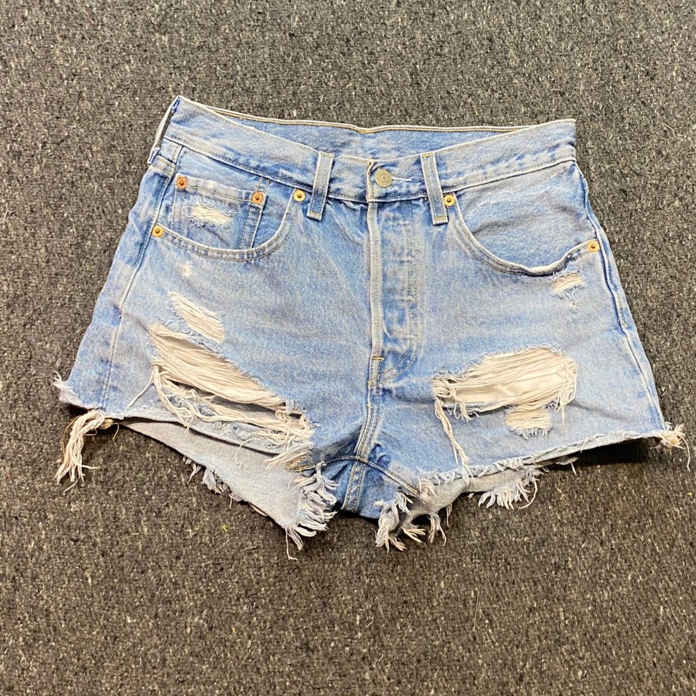 Levis Premium 501 Original Cut Off Shorts W26 Womens Blue Grunge Distressed